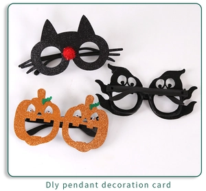 Detailed view of Halloween felt glasses featuring black cat, pumpkin, and ghost designs