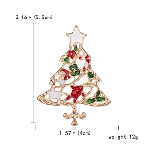 Detailed size specifications for the gold Christmas tree brooch with enamel and rhinestones