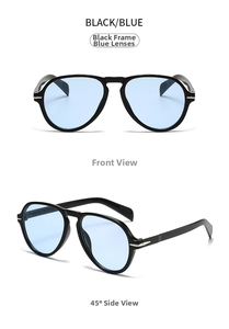 Close-up of black frame sunglasses with blue lenses showing front and side angles