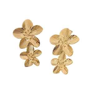 Elegant gold flower earrings in stainless steel with textured double floral petals