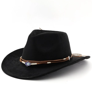 Bohemian black wide brim felt cowboy hat with Hamsa Hand and Evil Eye charm