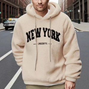 Men's warm beige 3D printed hoodie in thick lamb fleece with New York lettering