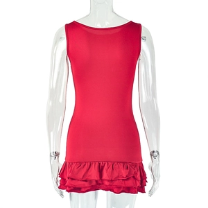 Rear view of a red sleeveless dress featuring detailed tiered ruffle hem design