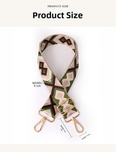 Detail of bohemian jacquard woven shoulder strap with gold metal buckle and swivel hooks