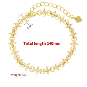 Gold-plated star bracelet with micro-pave zircons and adjustable heart charm 240mm