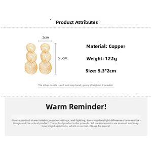 Detail specifications of golden geometric round hollow earrings with silver needles
