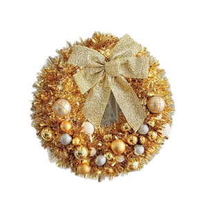 Festive 45cm gold Christmas wreath with shiny baubles and large decorative bow decoration