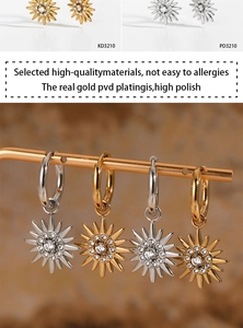 Detail of sunflower zircon drop earrings with gold and silver PVD plating finish