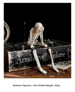 Détail d'une figurine de squelette en résine avec dimensions pour décor d'Halloween