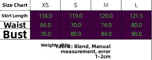 Size chart showing dress length, waist and bust measurements for a belted fashion dress