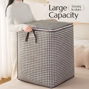 Large Capacity Clothing Quilt Storage Bag Non-Woven Fabric Foldable Dustproof Organizer Reinforced Grip Houndstooth Daisy Floral Pattern