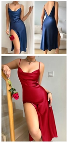 Detail of elegant backless satin slip dress with adjustable thin straps and side slit