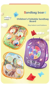 Three-themed foldable bean bag toss game tent set with colorful animal and space patterns