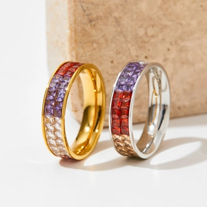 Colorful Cubic Zirconia Ring Stainless Steel Rainbow Princess Cut Full Stone Fashion Jewelry For Women