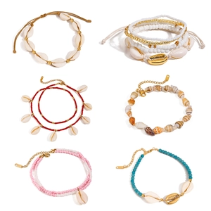 Ocean style beaded anklet set with shells and colorful charms for summer beach wear