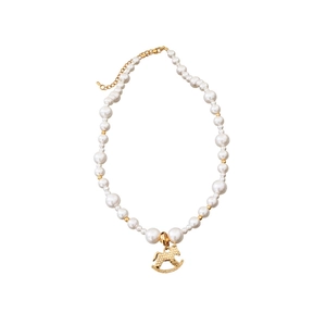 Elegant gold-plated pearl necklace featuring a vintage rocking horse pendant for women