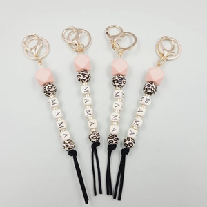 Silicone bead MAMA keychain with leopard print and black tassel for bag accessories