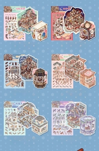 Detailed close-up of six Chinese vintage themed 3D architectural stickers for scrapbooking