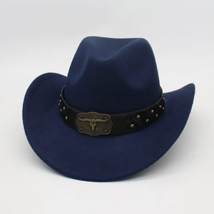Dark blue felt cowboy hat with a brown leather band and metal bull skull ornament