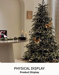 Detail view of plush squirrels on a lit Christmas tree with warm white LED lights