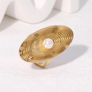 Golden spiral textured stainless steel ring with elegant oval pearl inlay for women