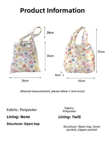 Detailed size chart for floral mesh tote bag showing dimensions and polyester material info