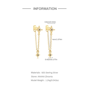 Detailed size chart for S925 sterling silver star chain drop earrings with zirconia