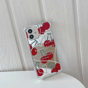 Detail view of mirror phone case with red cherry pattern and sweet quote design