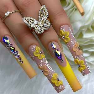 Press On Nails Long Coffin French Style Matte Gradient Yellow With 3D Flowers And Rhinestones Handmade Luxury Style