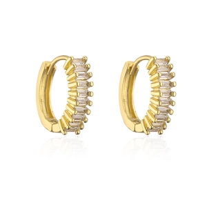 Detail view of gold plated hoop earrings featuring rectangle cubic zirconia stones
