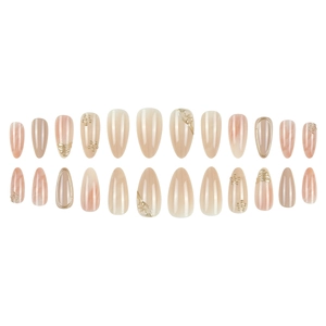 Faux ongles amande courte avec design marbré nude et détails dorés en relief 3D