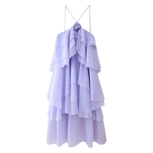 Detail of lilac tiered chiffon halter dress with 3D rose decoration and layered skirt