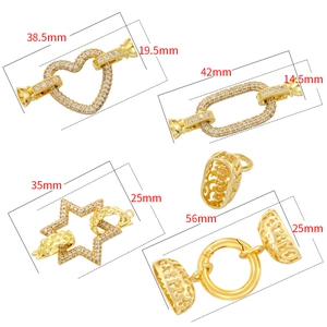Gold-plated jewelry clasps with heart, star and oval shapes and size measurements