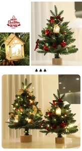 Detail of mini flocked Christmas tree with warm LED lights, pinecones, and red ornaments