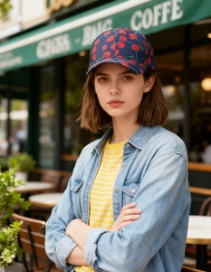 Detail of a navy baseball cap with red cherry embroidery worn by a model in a cafe setting