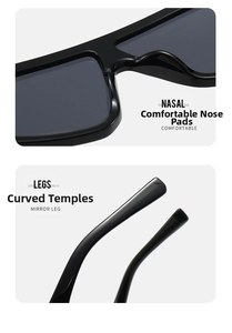 Close-up of the comfortable nasal pad and curved legs on black oversized sunglasses