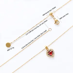 Gold stainless steel necklace with red heart stone and white zircon detail specifications