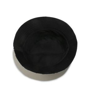 Interior view of black bucket hat with floral print brim edge and breathable cotton fabric