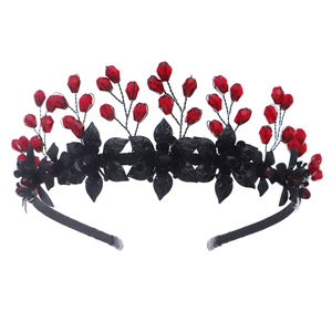 Handmade Halloween headband with black flowers and red crystal beads for gothic parties