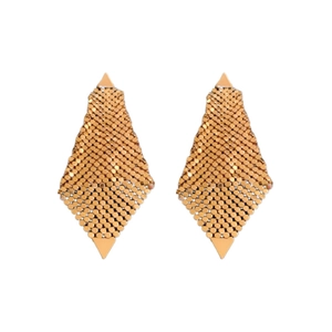 Golden geometric sequin drop earrings with a metallic scale texture on a white background