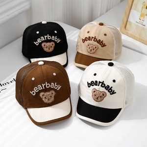 Mesh baby baseball caps with bear embroidery and breathable summer grid design
