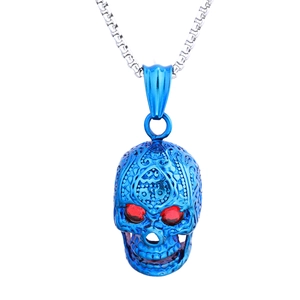 Polished silver skull necklace with blue coating and red gemstone eyes on a white background