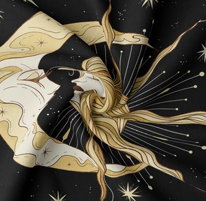 Detailed macro view of celestial sun and stars print on bohemian fabric tapestry