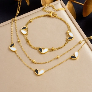 Korean Stainless Steel Double Layer Heart Necklace And Bracelet Jewelry Set Gold Plated Black White Contrast Heart Jewelry