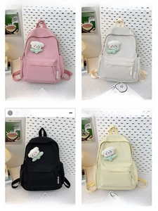 Detailed grid view of minimalist nylon backpacks in pink, white, black, and yellow colors