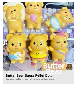 Macro view of six yellow bear squishy toys with various accessories on a desk