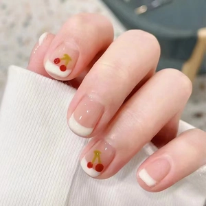 Faux Ongles à Presser Style Français Cerise Courts Rose Nude Avec Colle Motif Fruits Mignon Ongles Artificiels Femmes 24 Pièces
