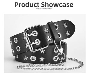 Close-up of punk style belt with silver star studs, double grommets and metal chain