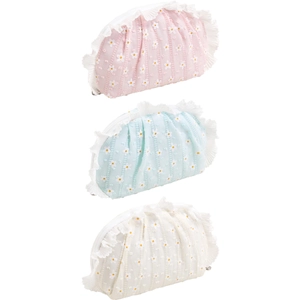 Set of three French style floral daisy cosmetic bags featuring delicate lace trim in pastel colors