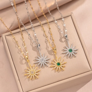 Sunburst Star Pendant Necklace Brass 18K Gold Plated Cubic Zirconia Sparkling Celestial Jewelry Gift For Women